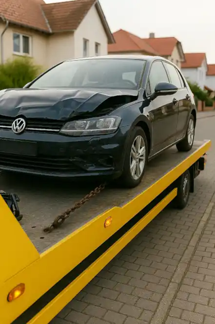 Ein defektes Auto wird zum Autoankauf in Osnabrück abgeschleppt, um den Wert trotz Schäden optimal zu ermitteln.